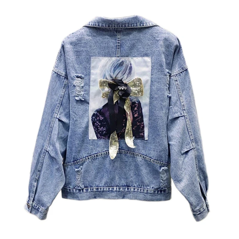 

Autumn Harajuku Denim Jacket Sequins Beauty Applique Jeans Jacket Frayed Holes Casual Outwear Streetwear Denim Coat 2023 New