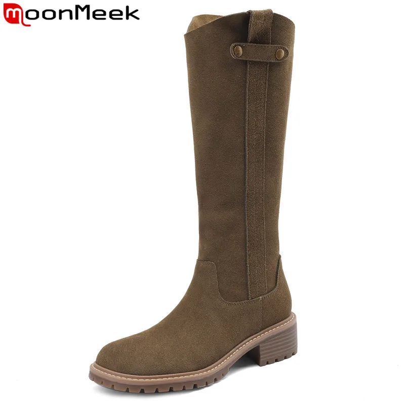 

MoonMeek 2023 New Cow Suede Leather Slip On Western Boots Square Med Heels Winter Boots Top Sale Ladies Mid Calf Boots