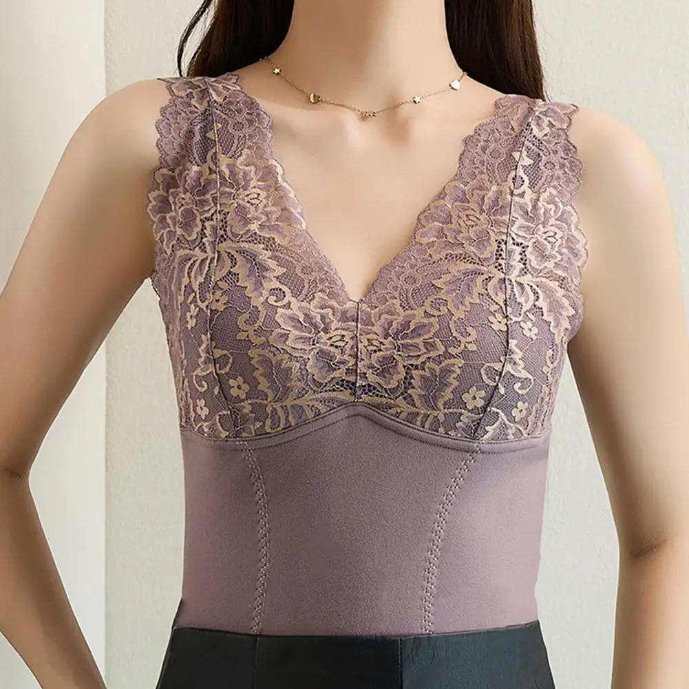 

Anti-static Vest Thickened Plush Sleeveless Women's Winter Vest Flower Embroidery V Neck Lace Patchwork Slim Fit Padded Pullover