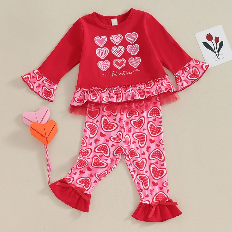 

Toddler Girls Valentine s Day Outfits Letter Heart Print Long Sleeve Tops and Elastic Flare Pants Set 2 Piece Clothes