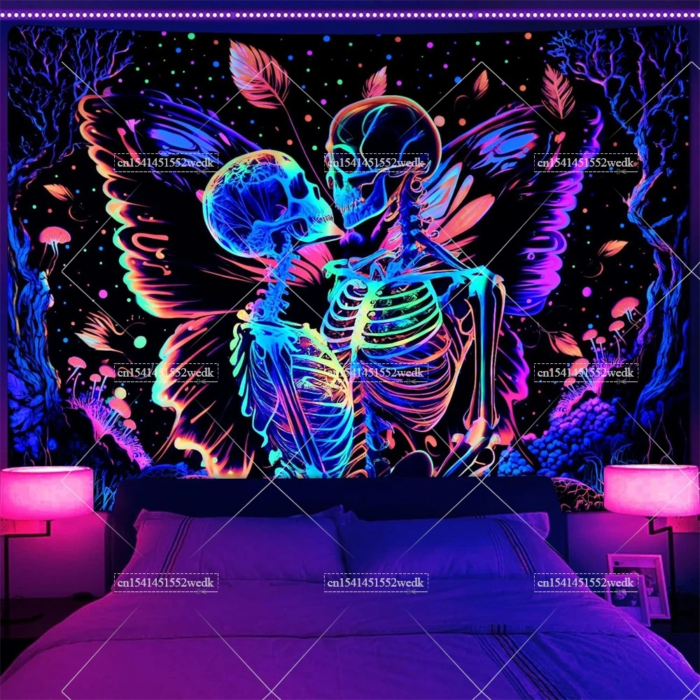 Tapestry Decorations Blacklight Skull Butterfly Tapestry UV Reactive Mushroom Tapestries Kissing Lovers Skeleton Tapestry Neon Glow In The Dark