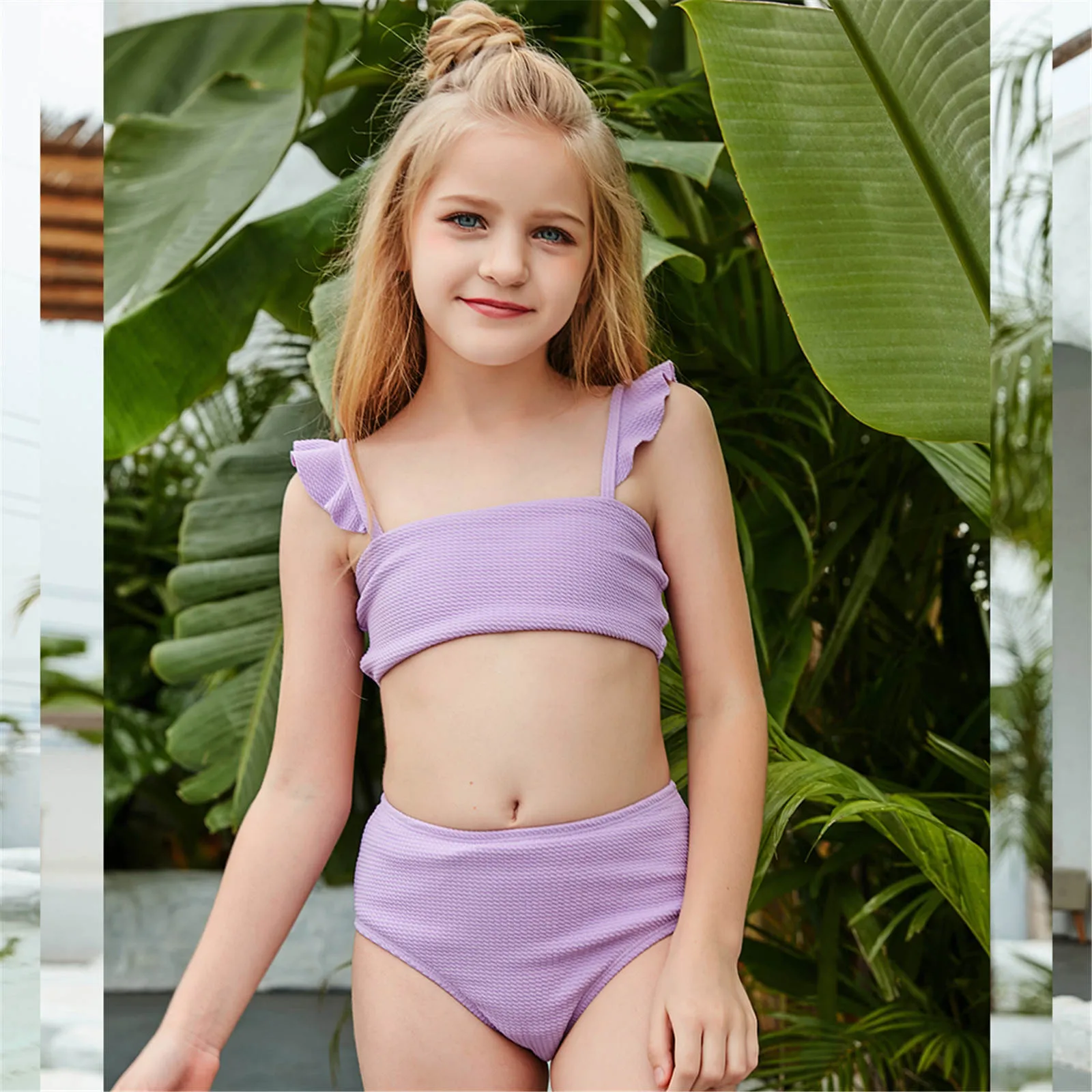 Summer Swimwear Girls Holiday Cute Solid Pattern Ruffles top Bikini Set