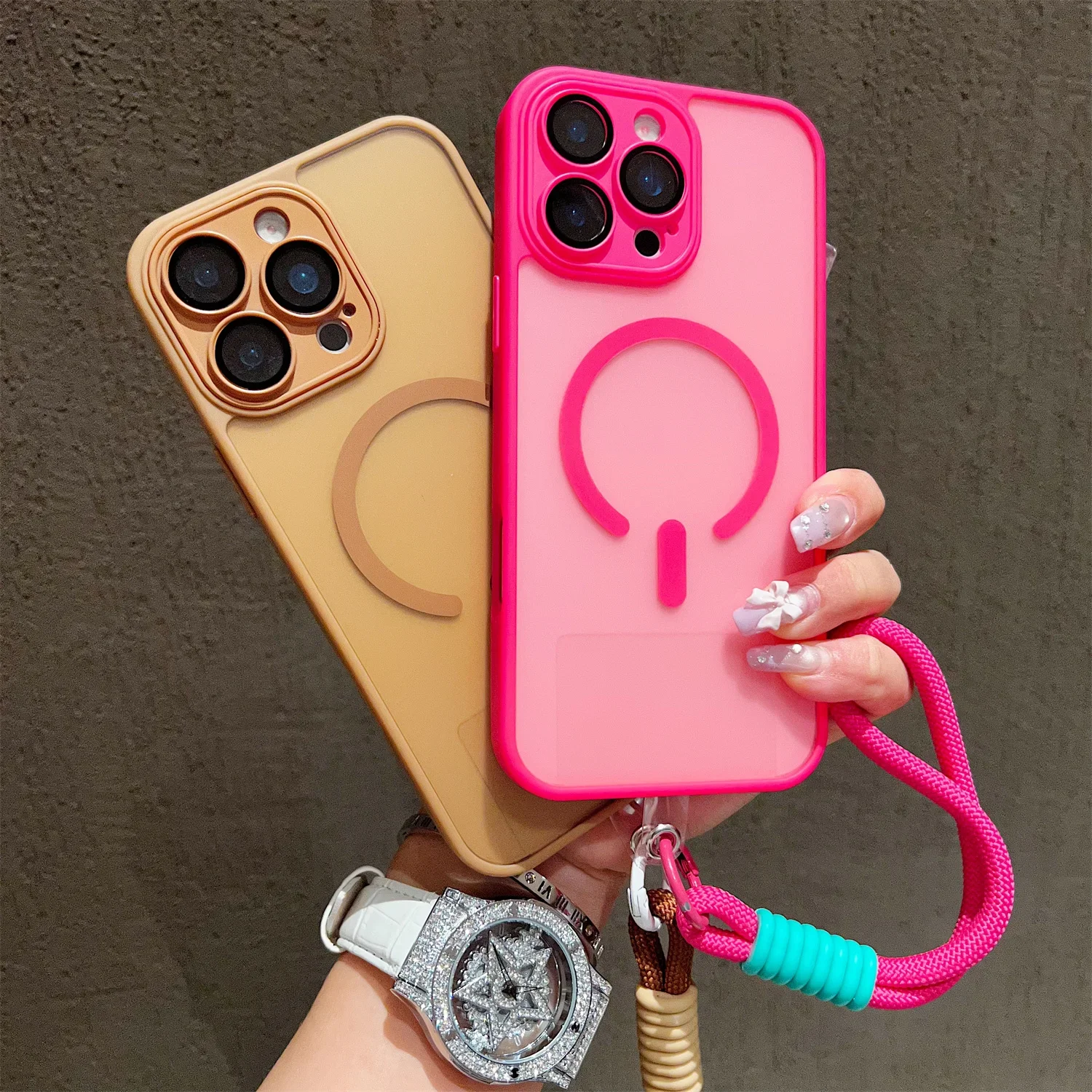 Magnetic Lanyard Wrist Strap Case with Shockproof Matte Bumper Cover and Clear Magsafe Design