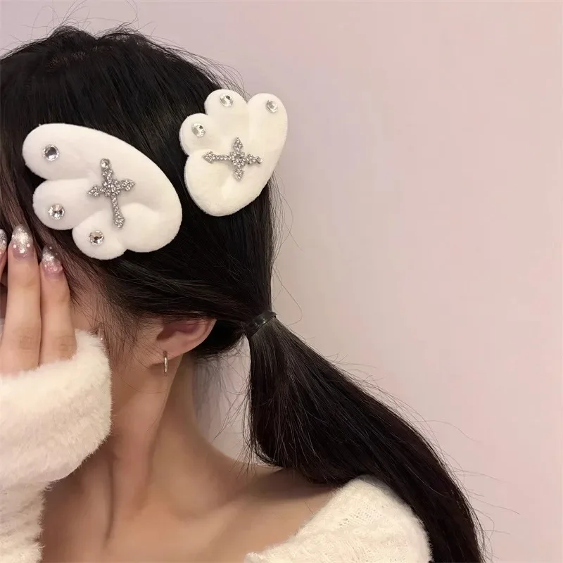 Y2K Sweet Cool Angel Wings Hair Clip Bling Bling Rhinestone Wings Cross Hairclips Women Girls Gothic Barrettes Fashion Headwear