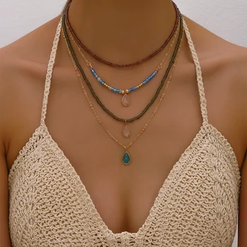 Bohemian Handmade Multilayer Colorful Beads Chain Fashion Necklaces Crystal Pendant Jewelry For Women Accessories N0371