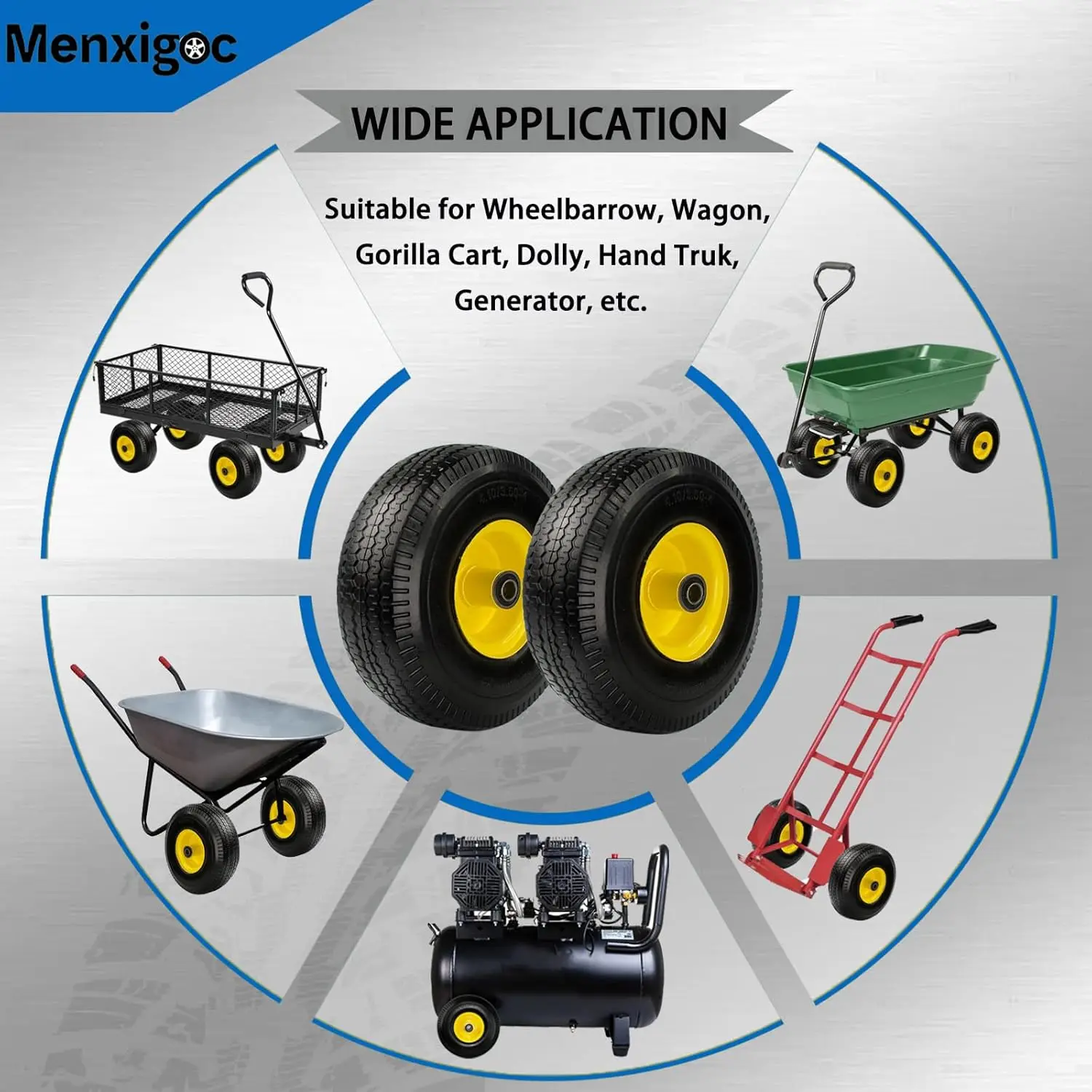 4.10/3.50-4" Flat Free Tire and Wheel, 10" Solid Tire with 5/8" Axle Bore Hole with 3/4" & 1/2" Extra Bearings, 2.2" Offset Hub 6