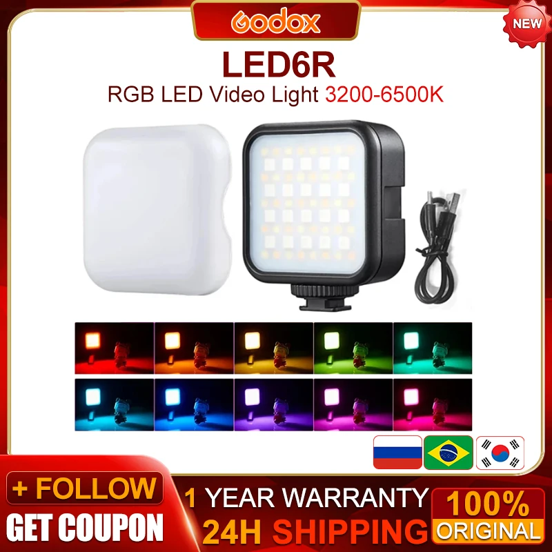 Godox LED6R RGB LED 비디오 조명, 내장 배터리, 카메라 스마트폰 촬영용 3200-6500K 조명, PK Ulanzi VL49