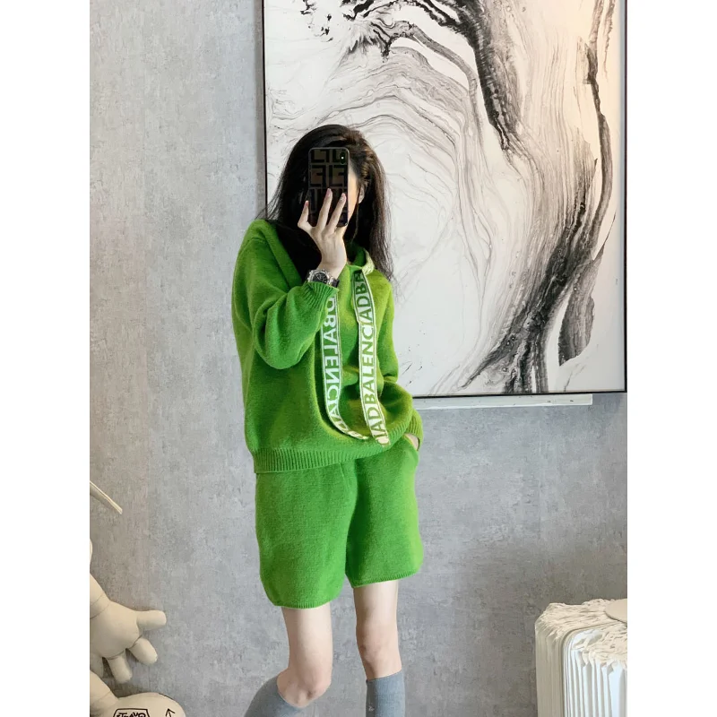 

New Spring Summer Women's Suit Matching Sets Long Sleeved Sweater Knitted Shorts Korean Fashion Y2k Vintage Two-piece Set