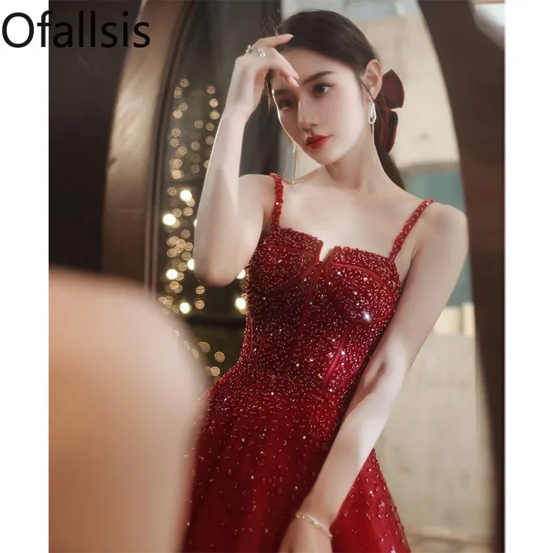 

Ofallsis Hanging Strap Toasting Gown Bride 2023 New Spring Simple Elegant Sexy Sleeveless Heavy Industry Spaghetti Strap Dresses