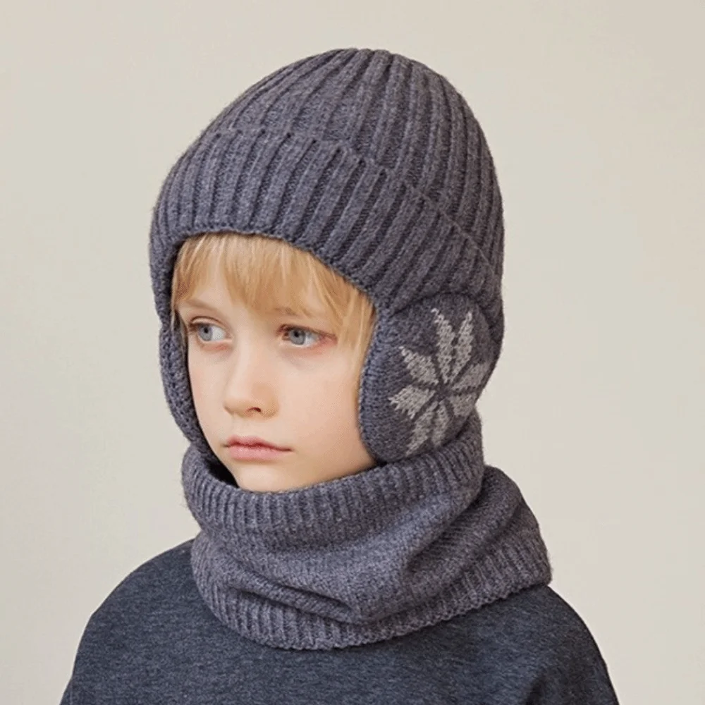 2pcs Soft Solid Color Ear Protection Wool Caps Coldproof Earflap Scarf Hat Set Plush Windproof Pullover Hat Children