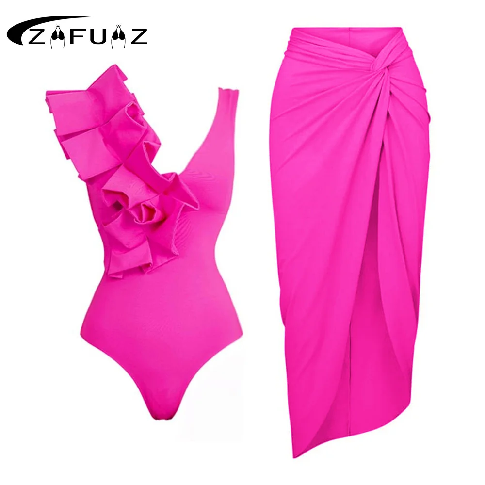 ZAFUAZ 3D Ruffle Solid Color Block One Piece Swimsuit Sarong Women's One-piece Swimwear Ruffle High Waist Bikini Bathing Suit