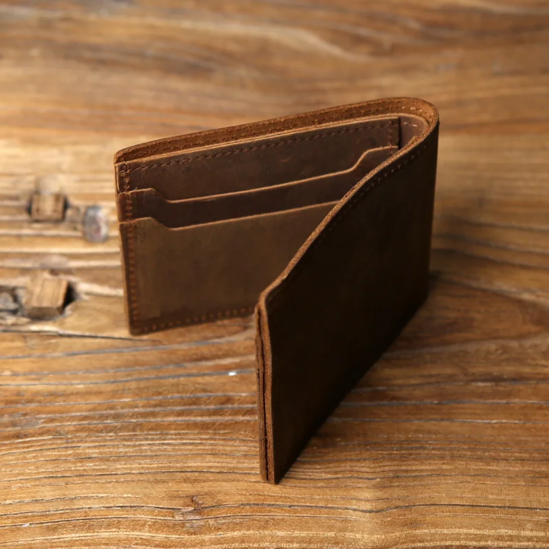 NZPJ Retro Men's Genuine Leather Wallet Top Layer Cowhide Short Wallet with Crazy Horse Leather Zero Wallet Card  ID Bag