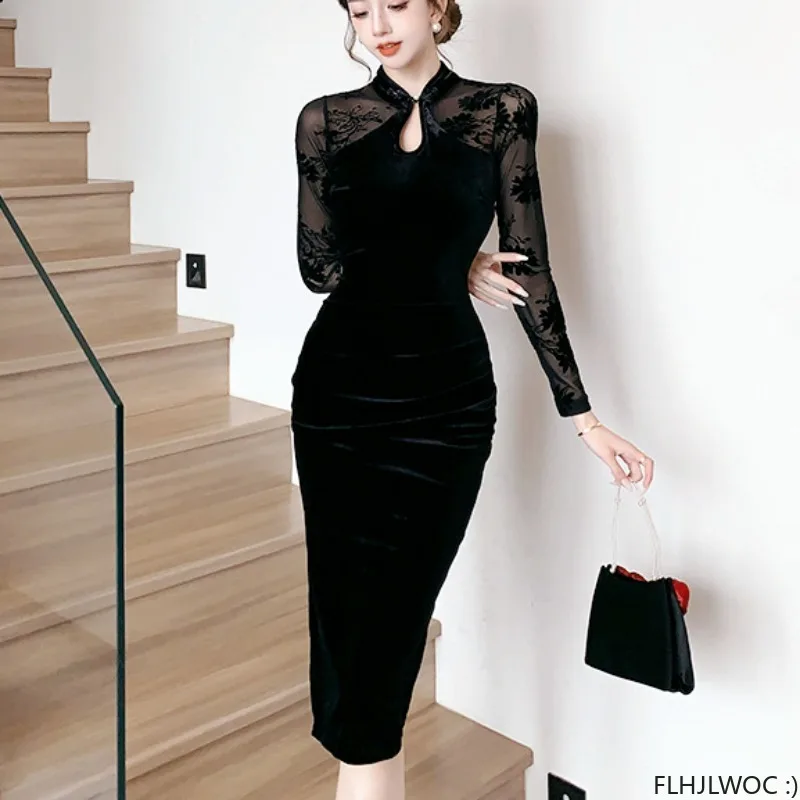 

Cheongsams Chinese Style Chi-pao Collar French Design 2024 Spring Basic Retro Vintage Bandage Pencil Sexy Black Mesh Dress