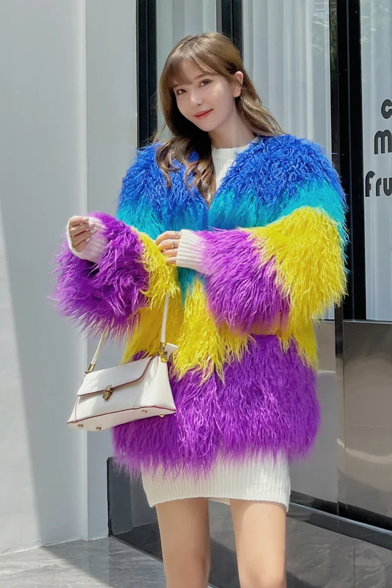 2022 Winter New Sheepskin Wool Faux Fur Coat Women V-neck Fashion Sweet Rainbow Lamb Wool Stitching Mid-Length Plush Fur Jacket