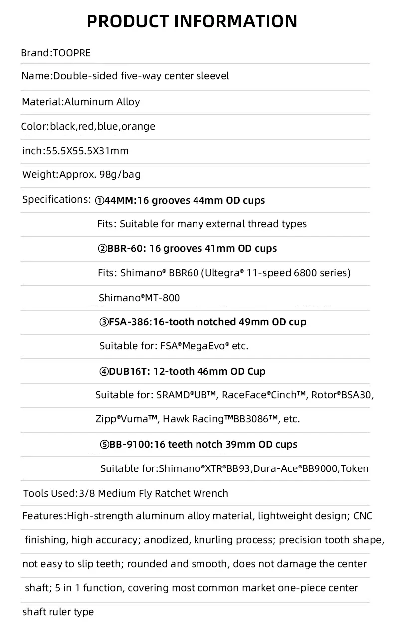 TOOPRE 5-in-1 Tretlager-Demontagewerkzeug für Shimano BBR-60/FSA-386/DUB 16T/BB-9100/44mm Fahrrad-Mittelachsenhülsen-Reparaturwerkzeug – Detail 2
