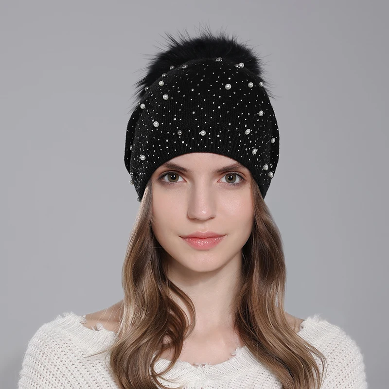 CNTANG Decorate Pearl Women Beanie Knitted Wool Hats Fashion Natural Raccoon Fur Pompom Hat Autumn Winter Warm Casual Ladies Cap 2