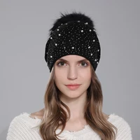 CNTANG Decorate Pearl Women Beanie Knitted Wool Hats Fashion Natural Raccoon Fur Pompom Hat Autumn Winter Warm Casual Ladies Cap 2