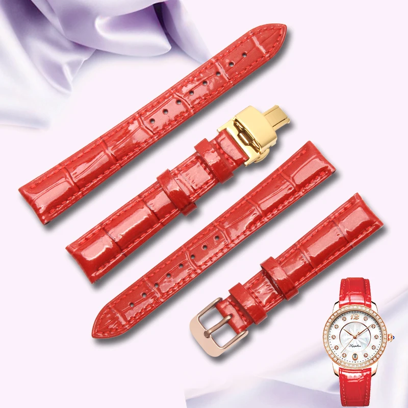 

Women watch 12mm 14mm 16mm 18mm 20mm Rose Gold Butterfly Buckle Red color Genuine Leather Shinyt Bright side leather Watchband