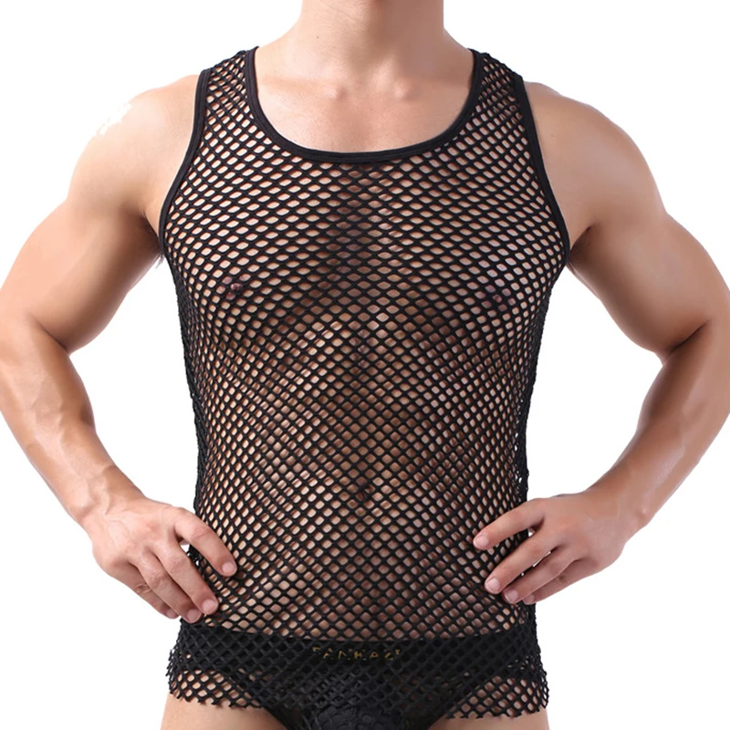 Sexy Mens Lingerie Mesh See Through PU Leather Bugle Pouch Bodysuit Wrestling Singlet Jumpsuit Sleeveless Underwear Undershirts