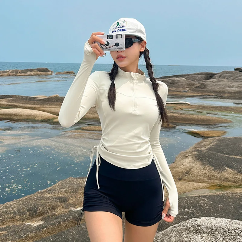 Women Two Piece Long Sleeve Rash Guard Sets Built in Bra Swim Shirt Side Draw String Top Boyshorts Sunsuit Beachwear rash guard