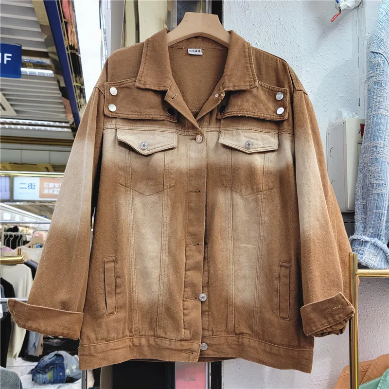 

Streetwear Fashion Gradient Color Denim Jacket Women Loose Mid Long Cowboy Outerwear Big Pocket Long Sleeve Jeans Jacket Female