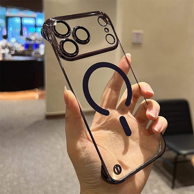 Sleek Frameless Plating Phone Case with Magsafe-Compatible Magnetic Clear Cover