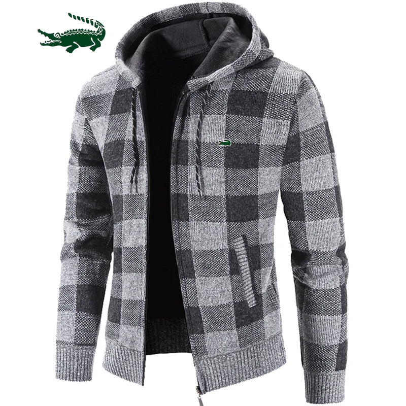 남성용 체크 무늬 후드 니트 가디건, 남성용 스웨터 재킷, 패션 겨울 코트, 플리스 후드 하이 퀄리티, 럭셔리 겉옷, 2023