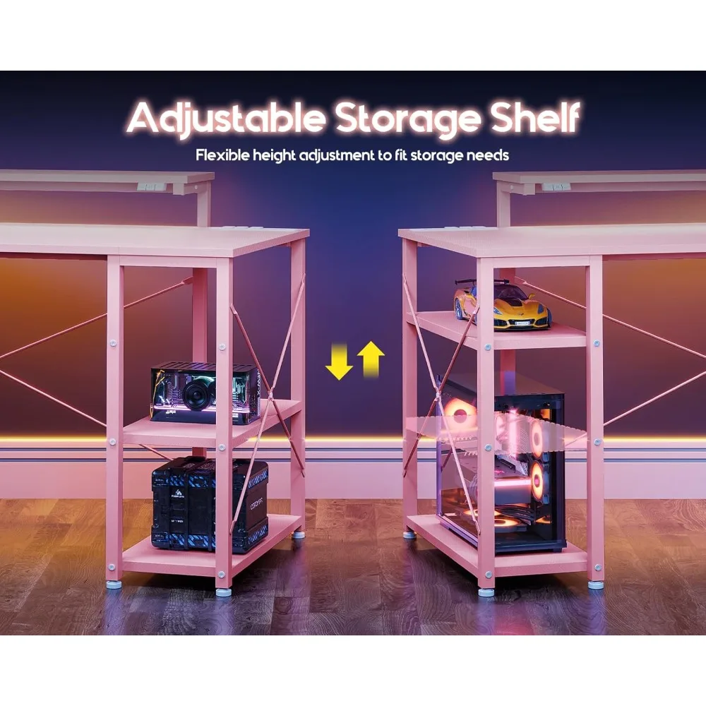 illuminated gaming desk with integrated power outlet, compact 40-inch desk with storage shelves, versatile adjustable gaming des