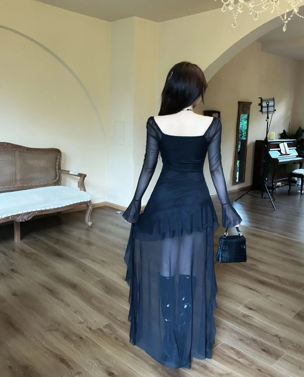 Vestido de fiesta de noche irregular Y2K de malla de manga larga con cuello cuadrado y volantes, corte en A, sexy, moda coreana