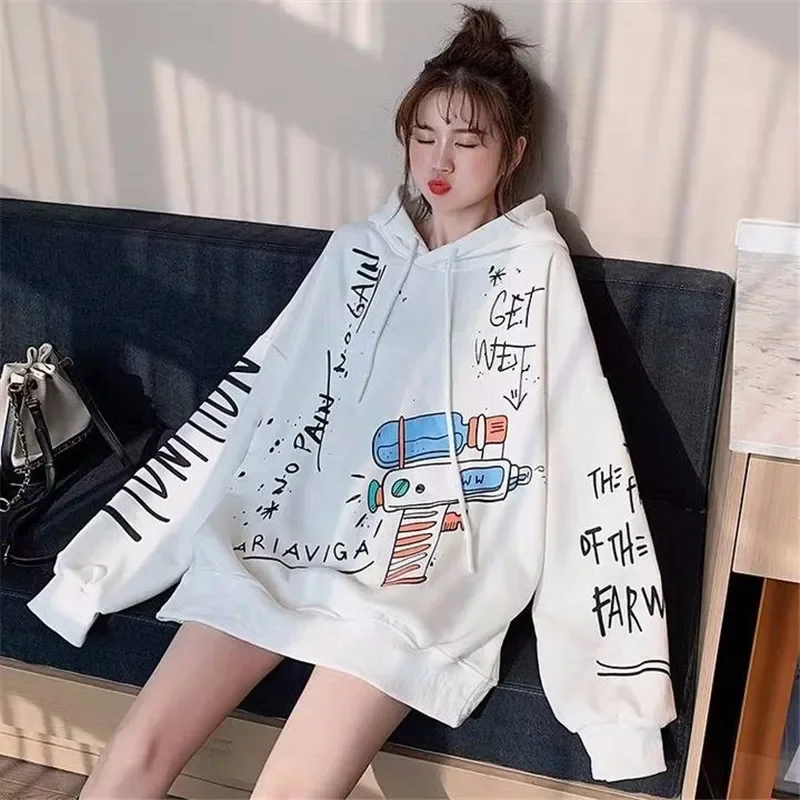Autumn Long Sleeve Cute Cartoon Print Female Harajuku Hoodies 2024 White Women Loose Sweatshirts Streetwear Kawaii Tops Girls