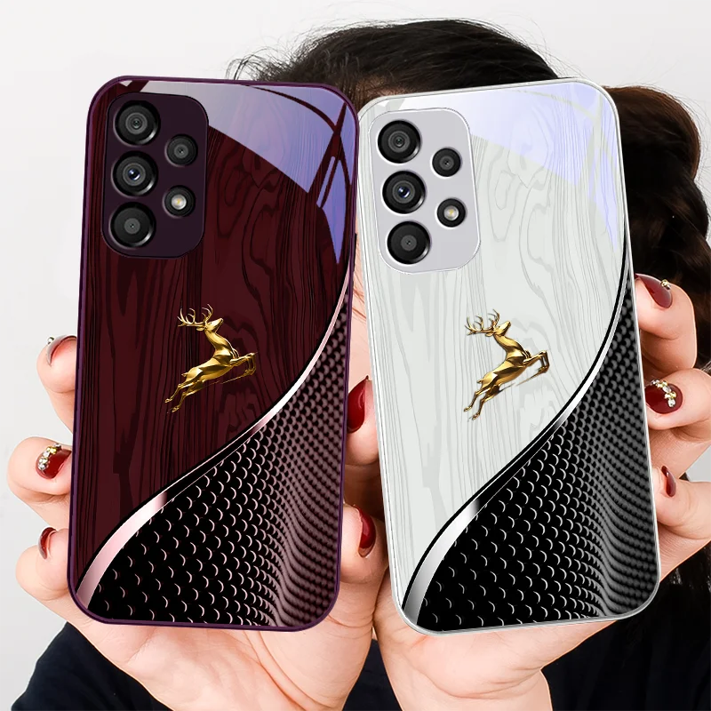 Elegant Wood Grain Deer Tempered Glass Phone Case