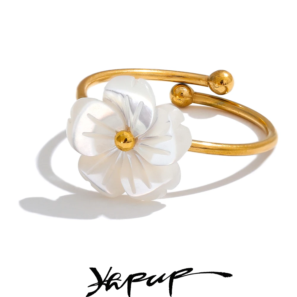 Yhpup Jewelry Natural Shell Flower Adjustable Open Ring