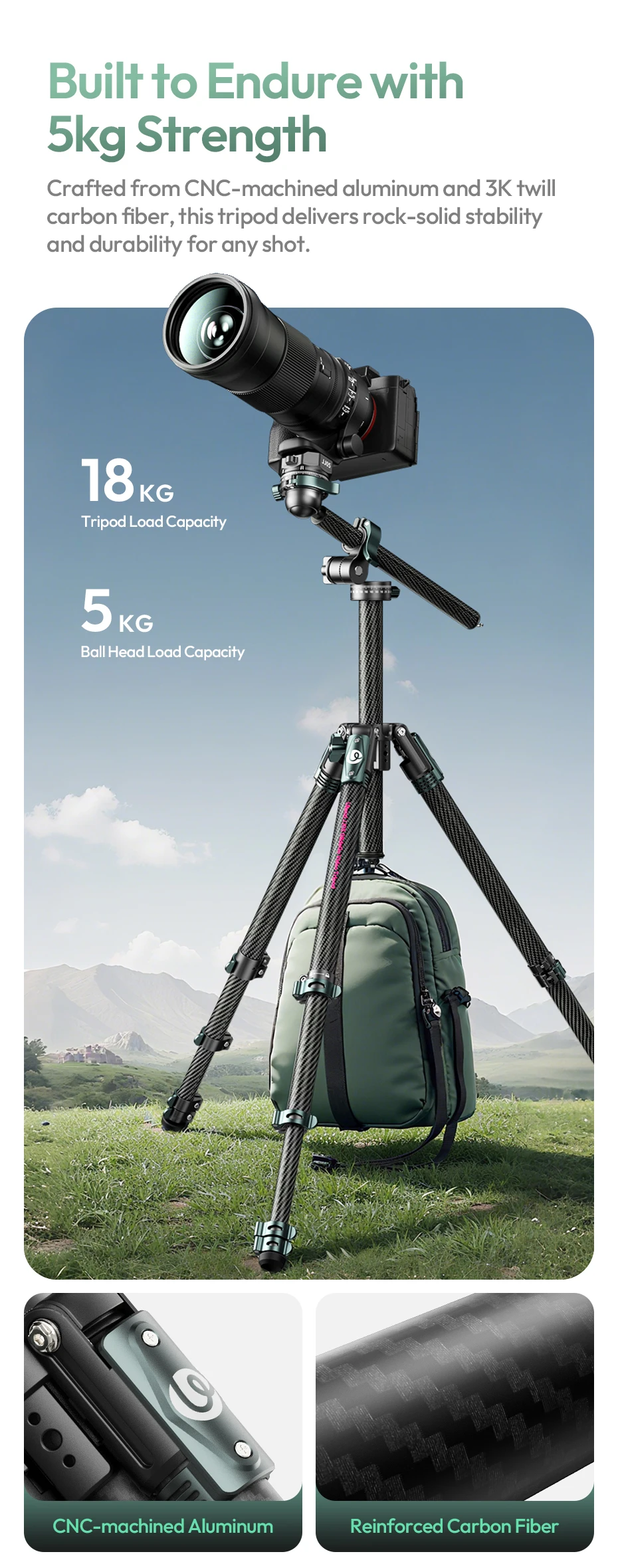 GlideGo Travel Tripod Carbon Fiber Tripod with Dual-Section Center Column for Lo