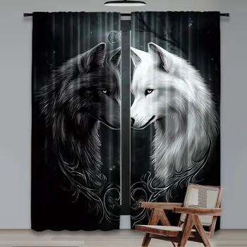 Tenda a tema animale da 2 pezzi Lupo nella foresta di notte Tenda adatta per camera da letto, bagno, soggiorno, sala da pranzo, sala studio 1