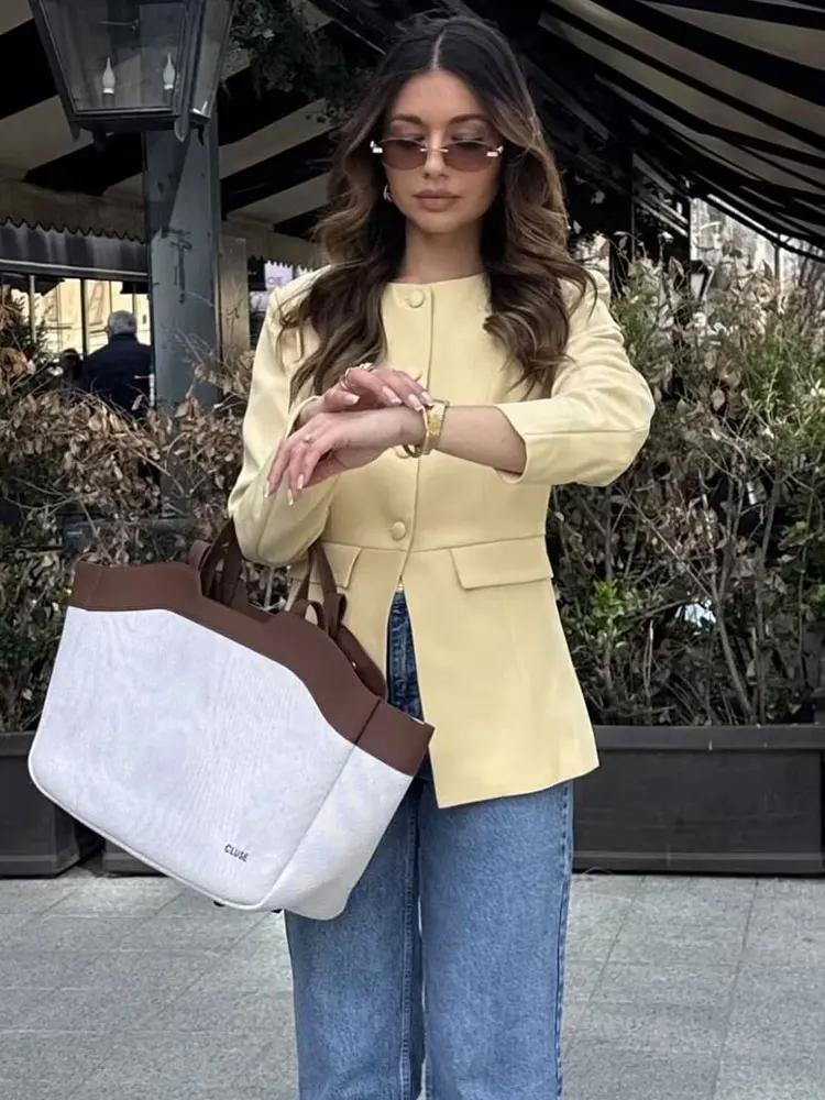 HH Women Elegant Yellow Blazer Coat O Neck Single Breasted Long Sleeve Jacket Autumn Solid Casual Office Lady Outerwear