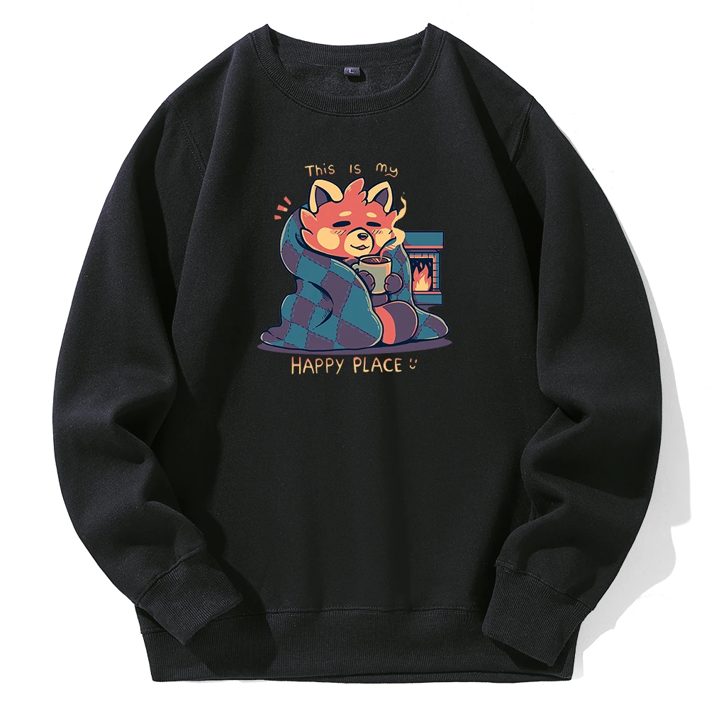 

Men Sweater Happy Place Fireplace Pattern Fleece Oversized Apparel Harajuku Fashion Sweatshirt Man Hip Hop Daily Tops For Mens
