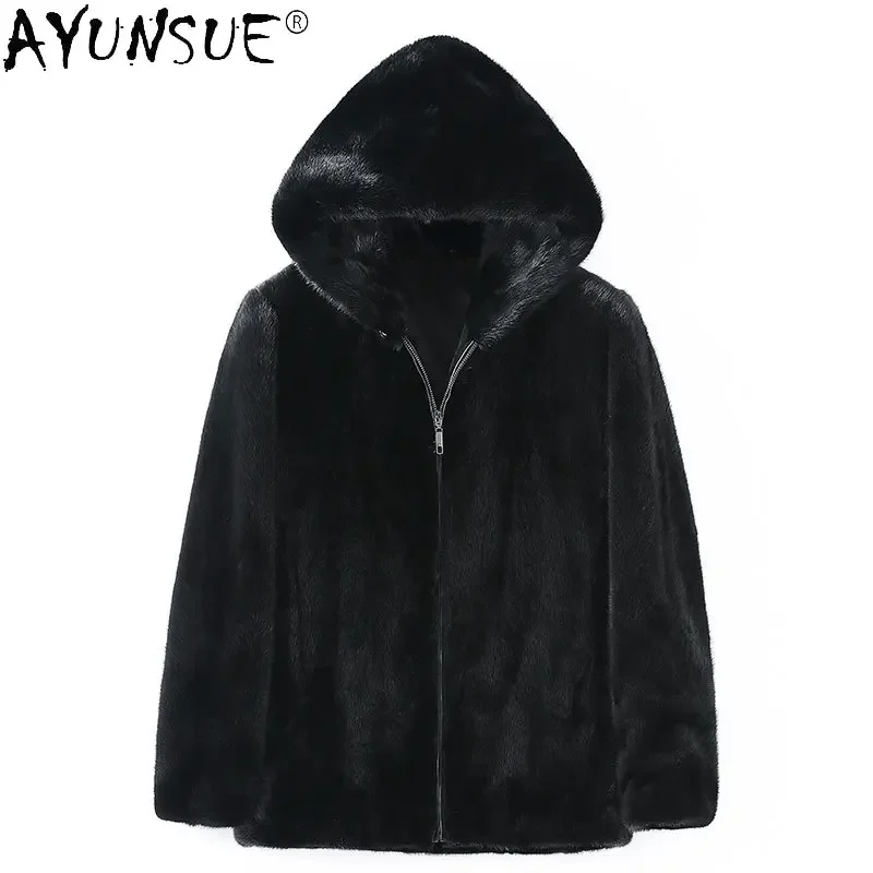 

AYUNSUE High Quality Natural Mink Real Fur Coat Mens Clothing Genuine Mink Fur Jacket for Men Winter Hooded Black Fur Coats