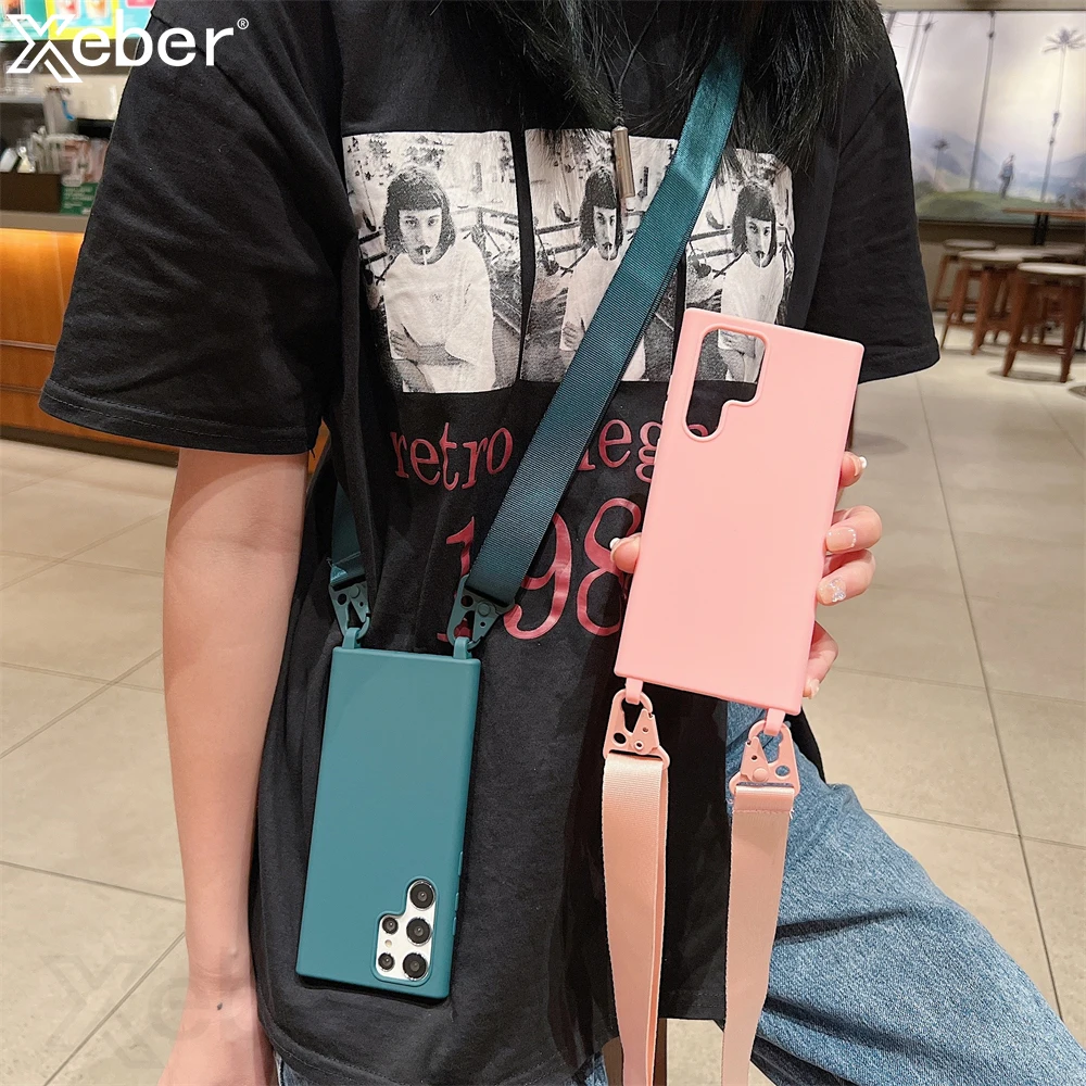 Solid Color Soft Silicone Phone Case with Lanyard Strap Cover