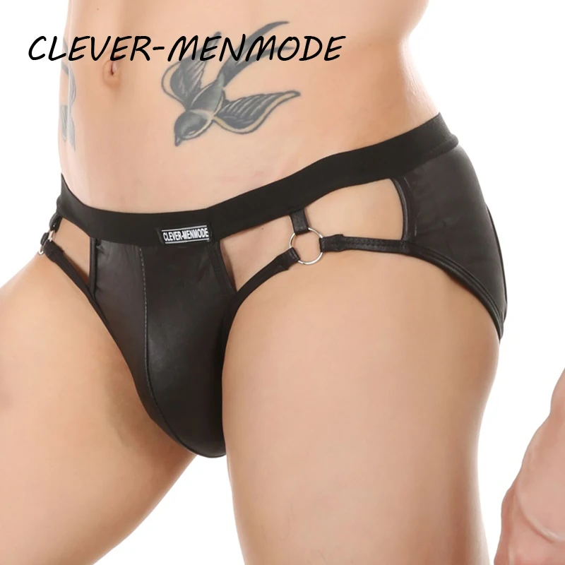 Men's Sexy PU Underwear Faux Leather Briefs U Convex Thong Bulge Penis Pouch Backless Bikini Open Butt Jockstrap Fetish Lingerie