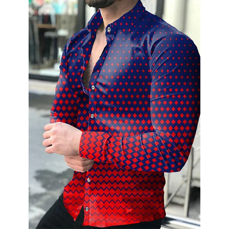 

Fashion Luxury Social Men Shirts Turn-down Collar Buttoned Shirt Casual Lattice Print Long Sleeve Tops Prom Party Men's Clothes