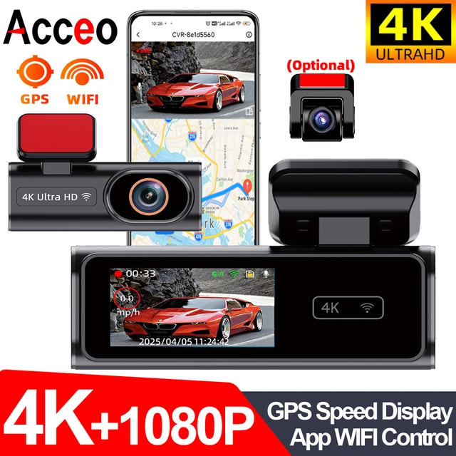 Caméra de tableau de bord Ultra HD, enregistrement en boucle 4K, surveillance du stationnement 24H en option, Vision nocturne 1080P, caméra arrière, prend en charge le contrôle par application WiFi 1