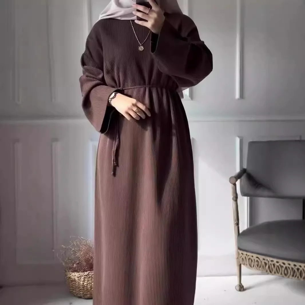 Casual Knitted Dr round Ne Long Sve Belted Loose Waist Spring Autumn Women's Faion Ele Sle Long Dr