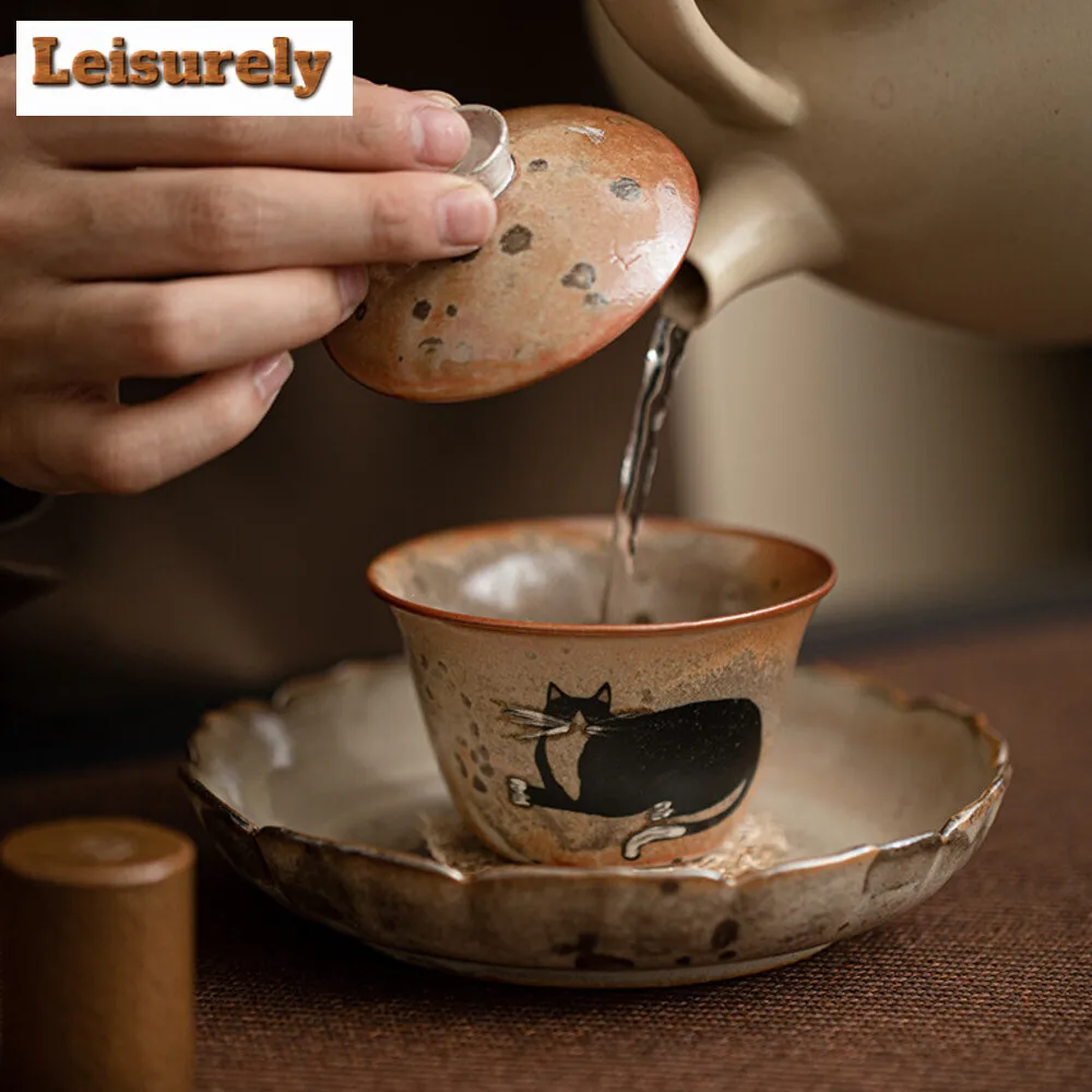 100ml Japanese Kiln Change Zhiye Cat Gaiwan Handmade Silver Wood-fired Porcelain Tea Tureen Tea Maker Cover Bowl Cha Decoration