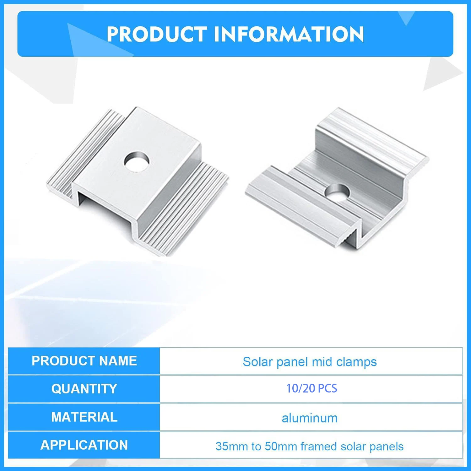 Solar Panel Mid Clamps Photovoltaic Panel Bracket PV Mid Clamp Aluminum Solar Clips For Fixed 35-50mm Framed Solar Panel Mounting Set Solar Panel Clips