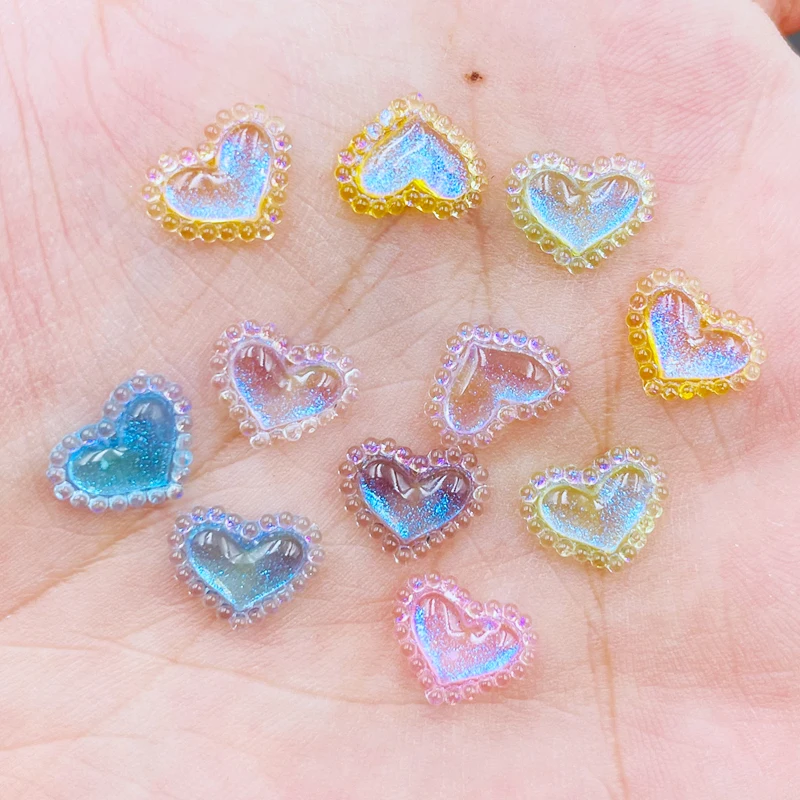 

100 Pcs New Cute Mini Kawaii Shiny Heart Shape Resin Figurine Crafts Flatback Cabochon Ornament Jewelry Making Hairwear K47