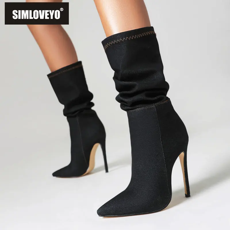 

SIMLOVEYO Design Mid Calf Boots Pointed Toe Stiletto 12cm Slip On Pleated Big Size 42 43 Denim Casual Shoes Party Dating Booties