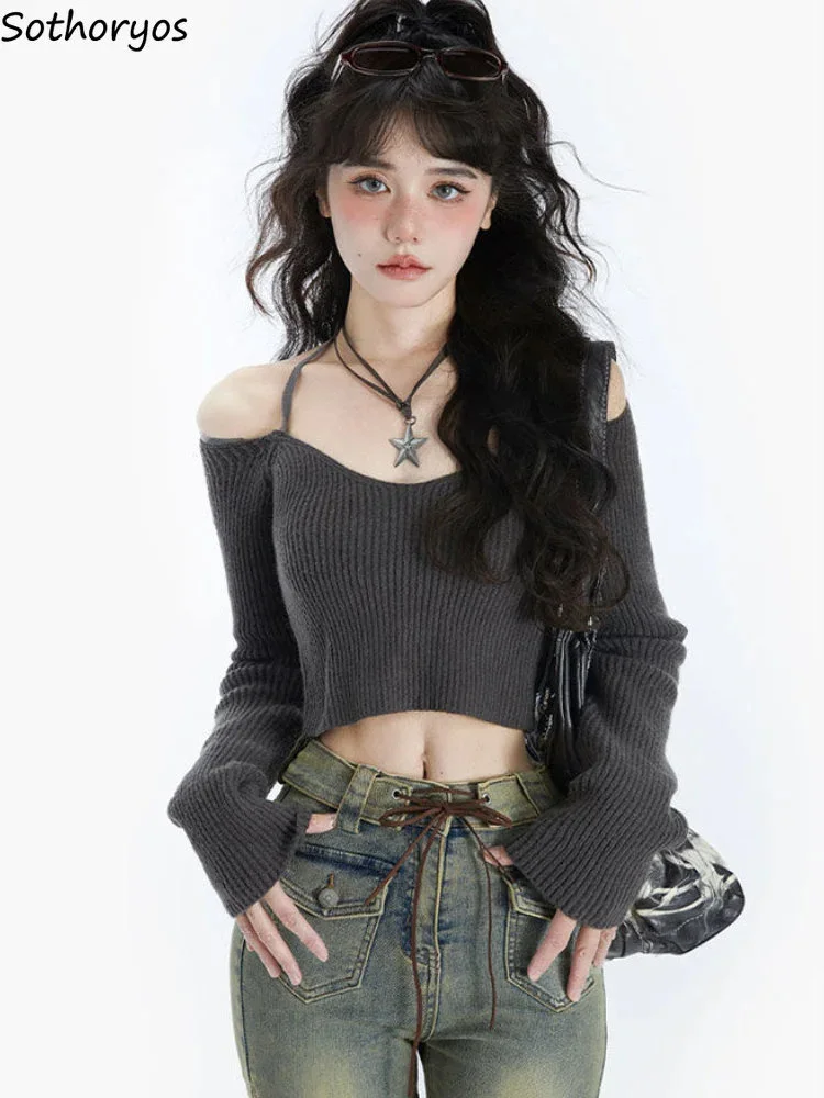 

Pullovers Women Sexy Design Slim Cropped Basic Hot Girls Korean Style Leisure Pure Autumn Sweater Retro Simple Halter