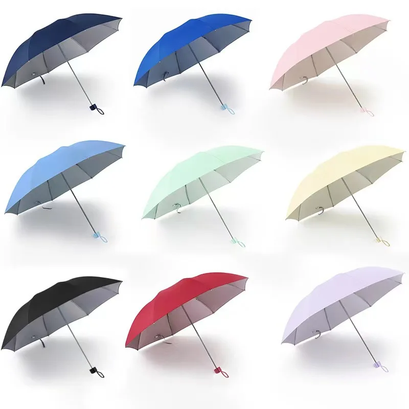 Silver Rubber Sun Umbrella 8/10K 3-Folding Solid color UV clear Protective Sunny Umbrella