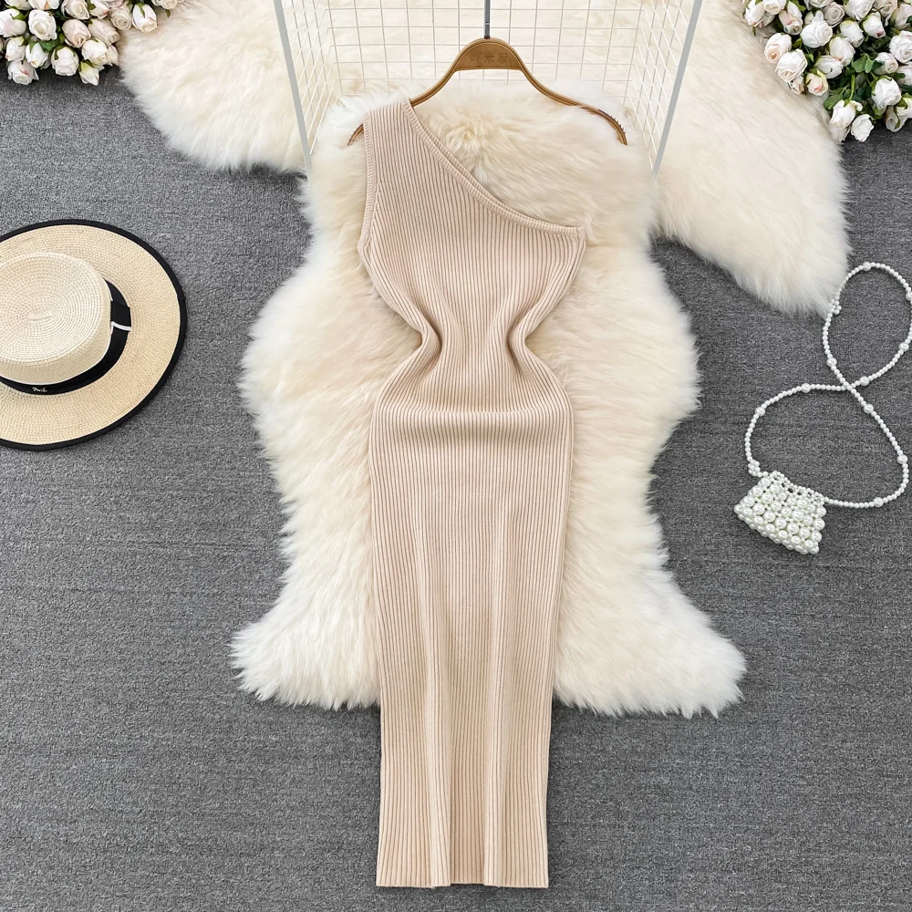 

American Fashion Girl's Autumn Winter Off Shoulder Slim Medium Dresses Women Elastic Bottom Hip Wrap Knitted Dress Kakki