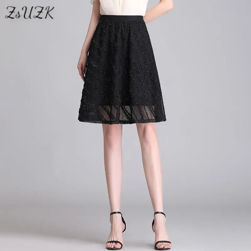 

ZUZK Black Mesh Short Skirt 2022 Summer New Elastic High Wasit Simple And Elegant Knee-Length A-Line Skirt Jupe